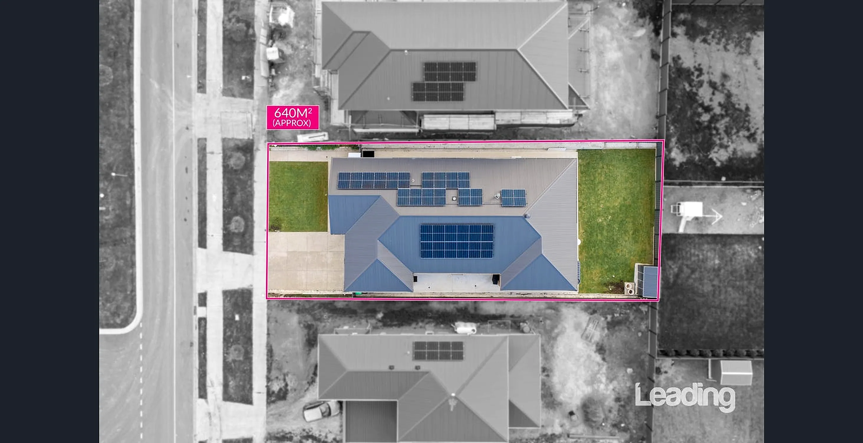 Aerial view over the home and rooftop solar