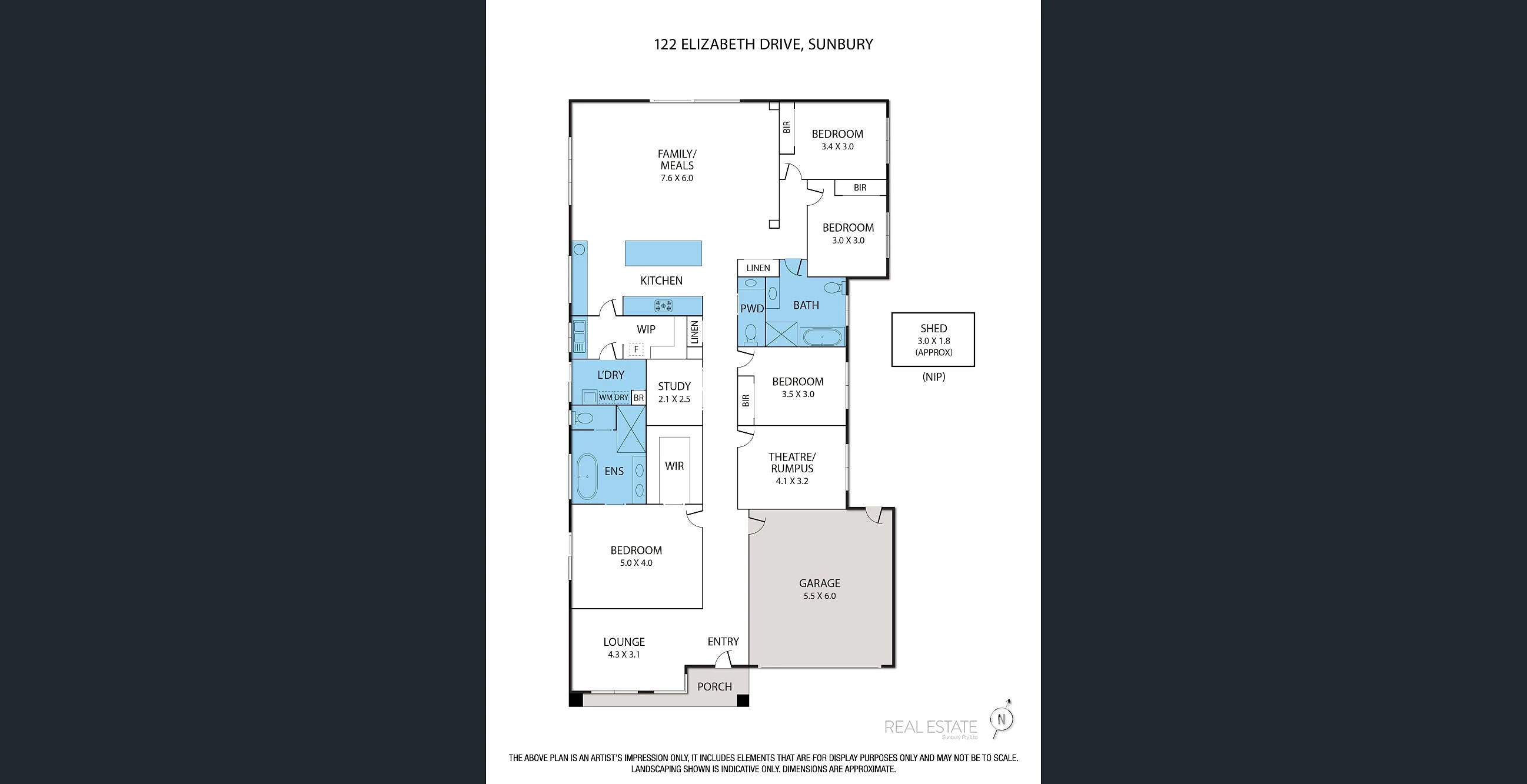 Floorplan of 122 Elizabeth Drive showing the master wing, three rear bedrooms, two living zones, study and oversized double garage