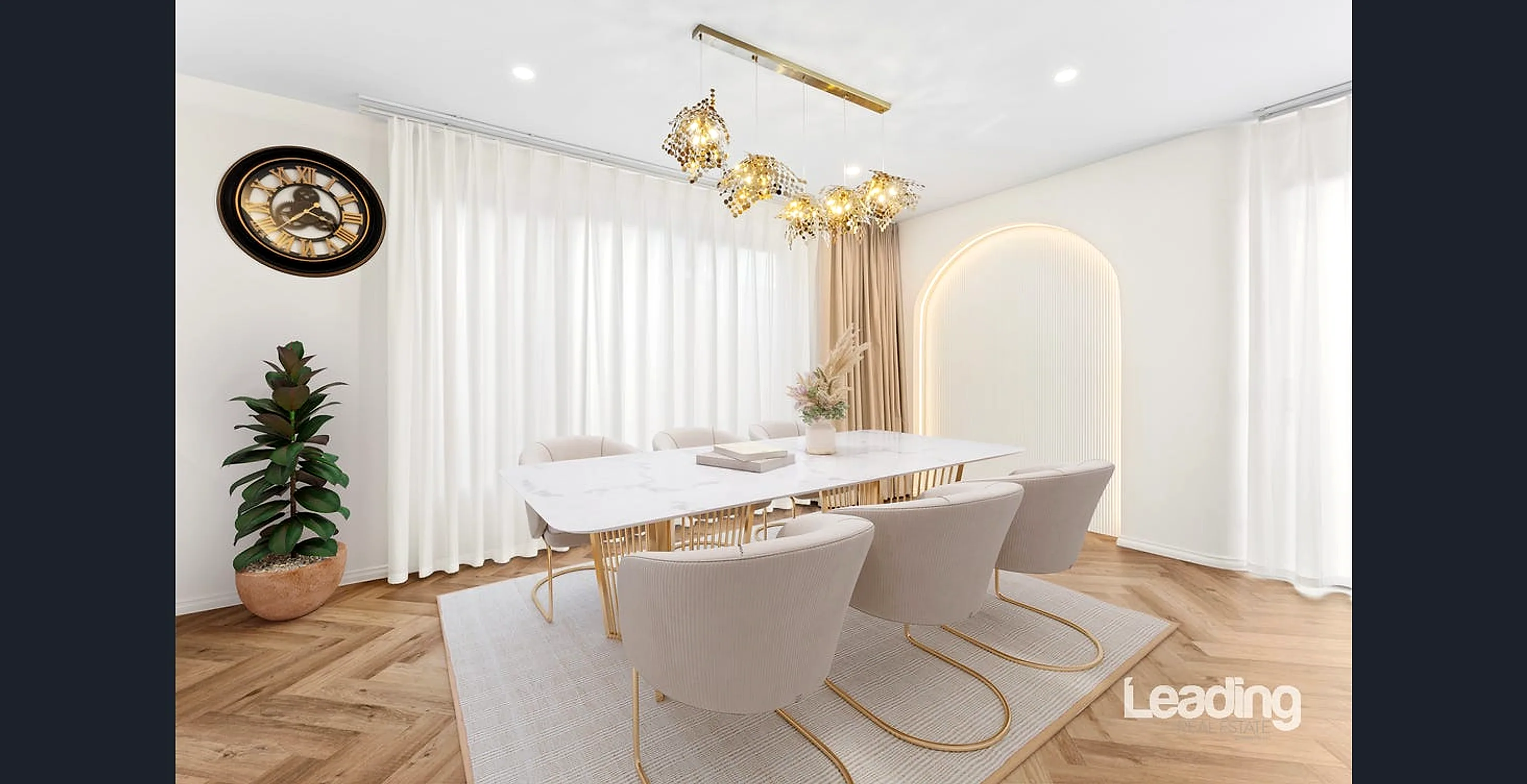 Dining area with a statement gold pendant light and a curved, LED-lit feature arch